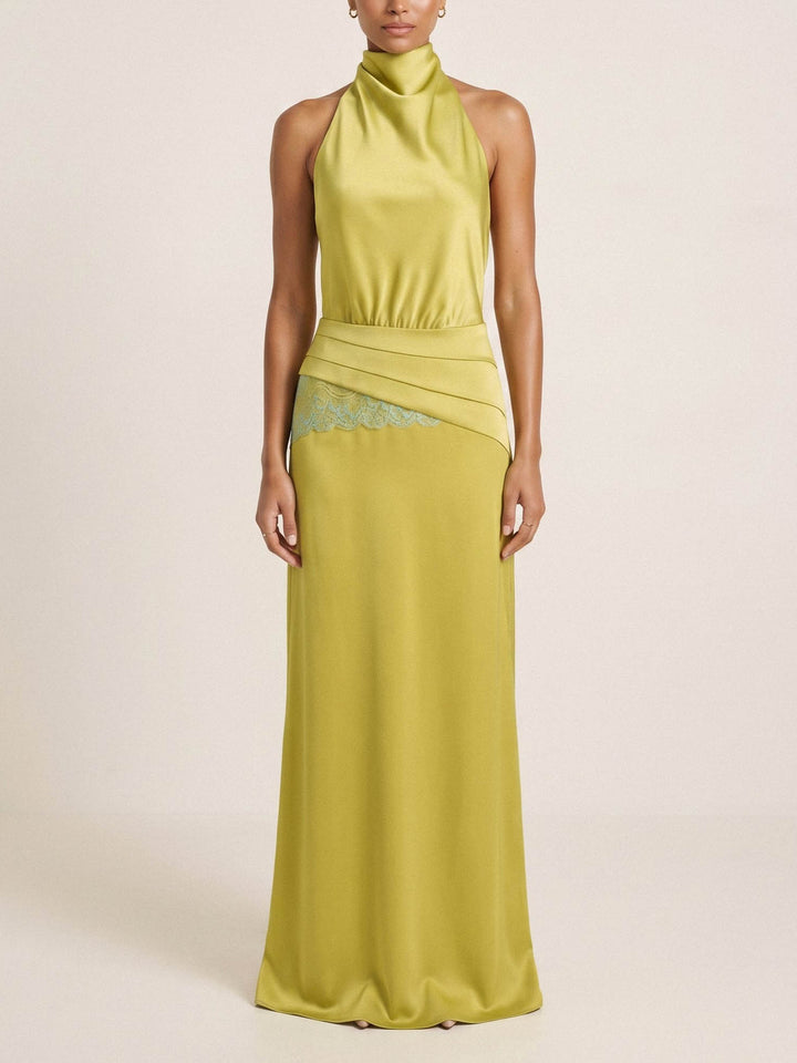 Elegant Satin High Neck Lace-Trim Maxi Dress