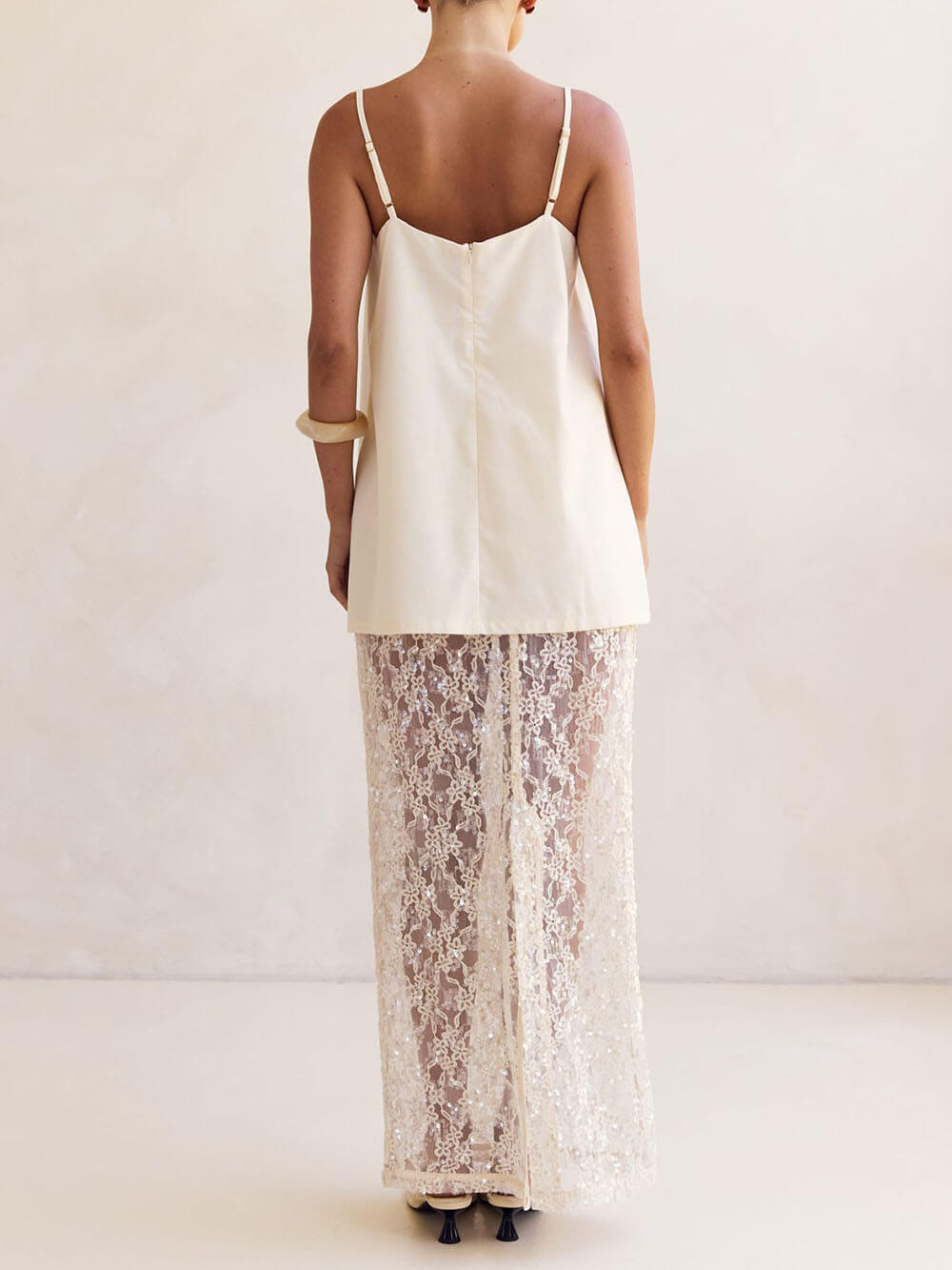 Elegant Off-Shoulder Strap A-Line Top Sheer Sequin Lace High-Waist Maxi Skirt Set