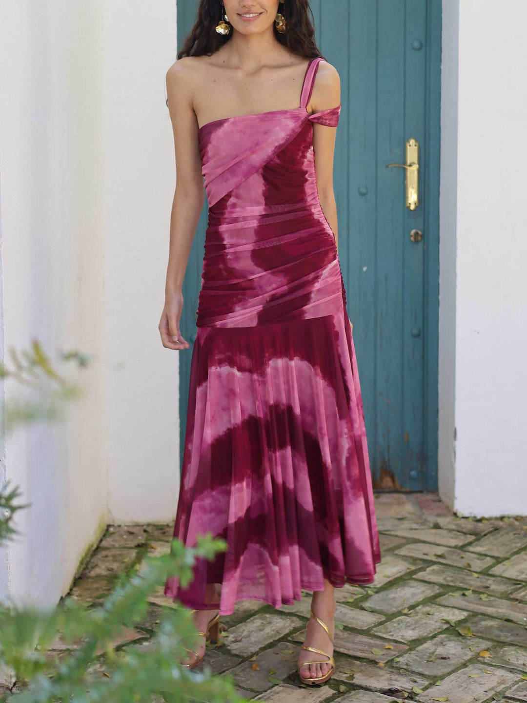 Elegant One-Shoulder Ruched Tie-Dye Chiffon Maxi Dress