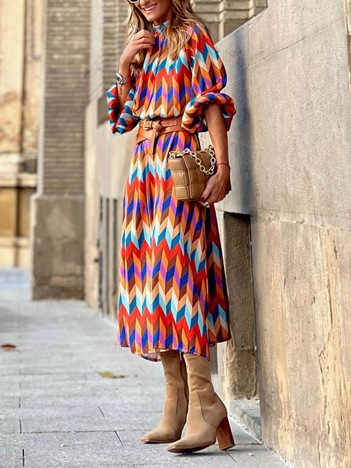 Fashionable And Unique Rainbow Print Stand Collar Long Sleeve Midi Dress