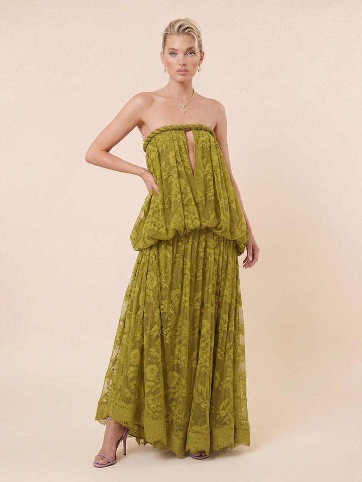 Elegant Strapless Lace Flowy Maxi Dress
