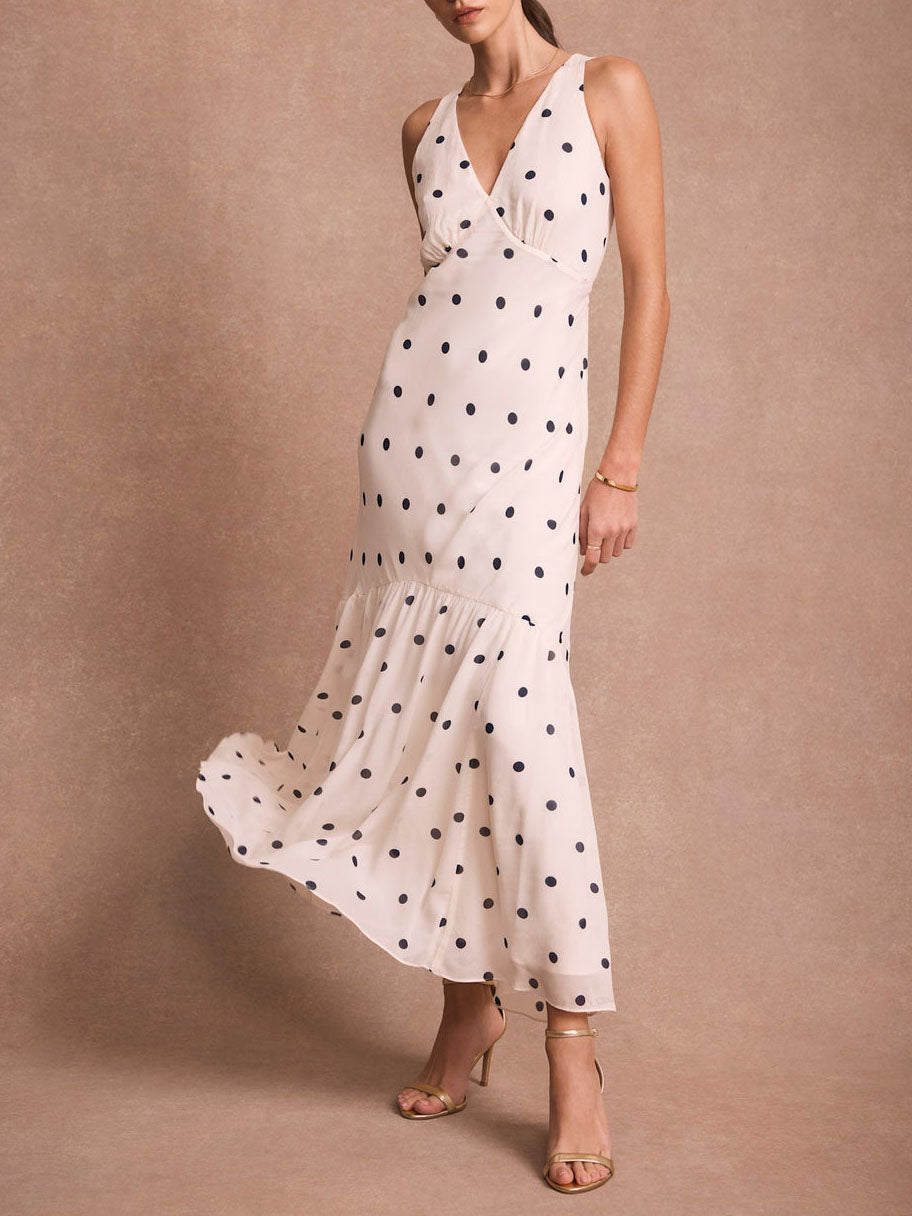 Elegant Polka Dot Ruffle Layered Chiffon Cape Maxi Dress