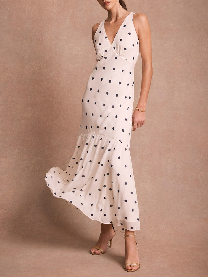 Elegant Polka Dot Ruffle Layered Chiffon Cape Maxi Dress