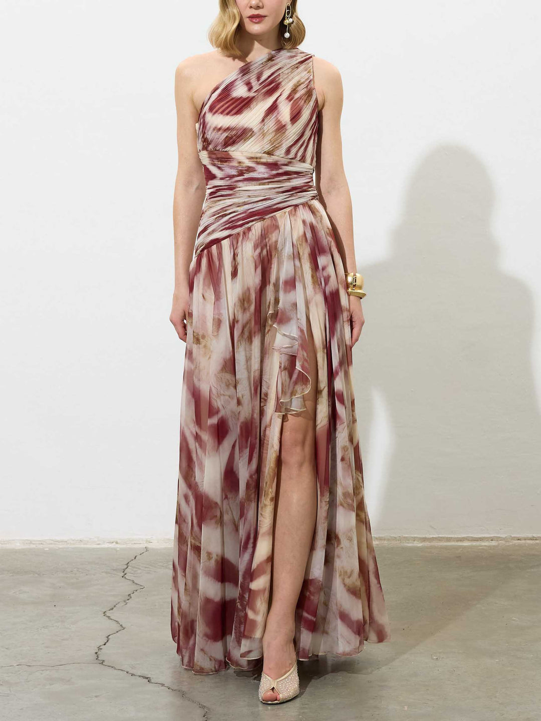 Elegant One-Shoulder Marble Print Chiffon Maxi Dress