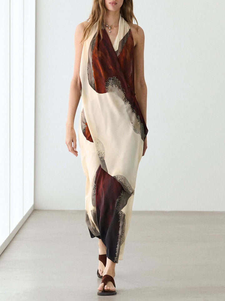 Elegant Abstract Print Halter Maxi Dress