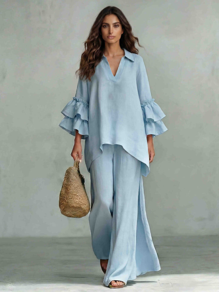 Casual Ruffle Sleeve V-Neck Top & High Waist Wide Leg Pants Set