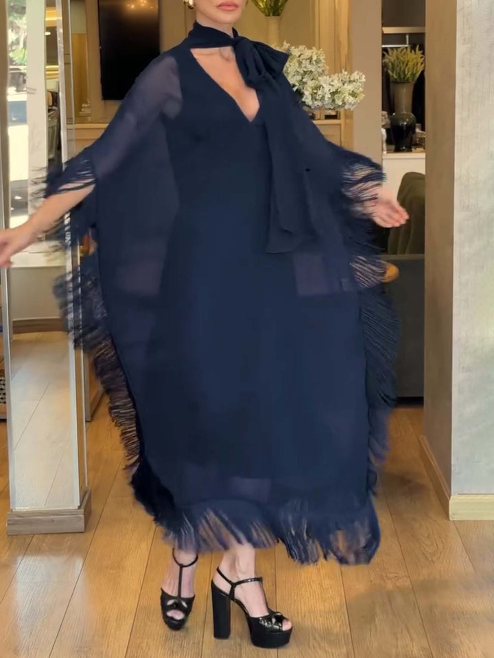 Elegant Flowy Chiffon Fringe Kaftan Maxi Dress