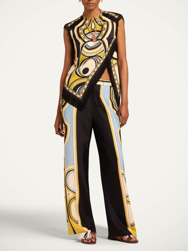 Retro Geometric Print Fringe Top & Wide Leg Pants Two-Piece Set