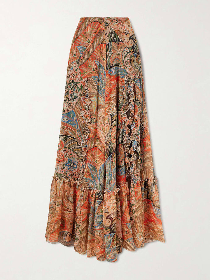 Exquisite Floral Print Ruffle Slit Maxi Skirt
