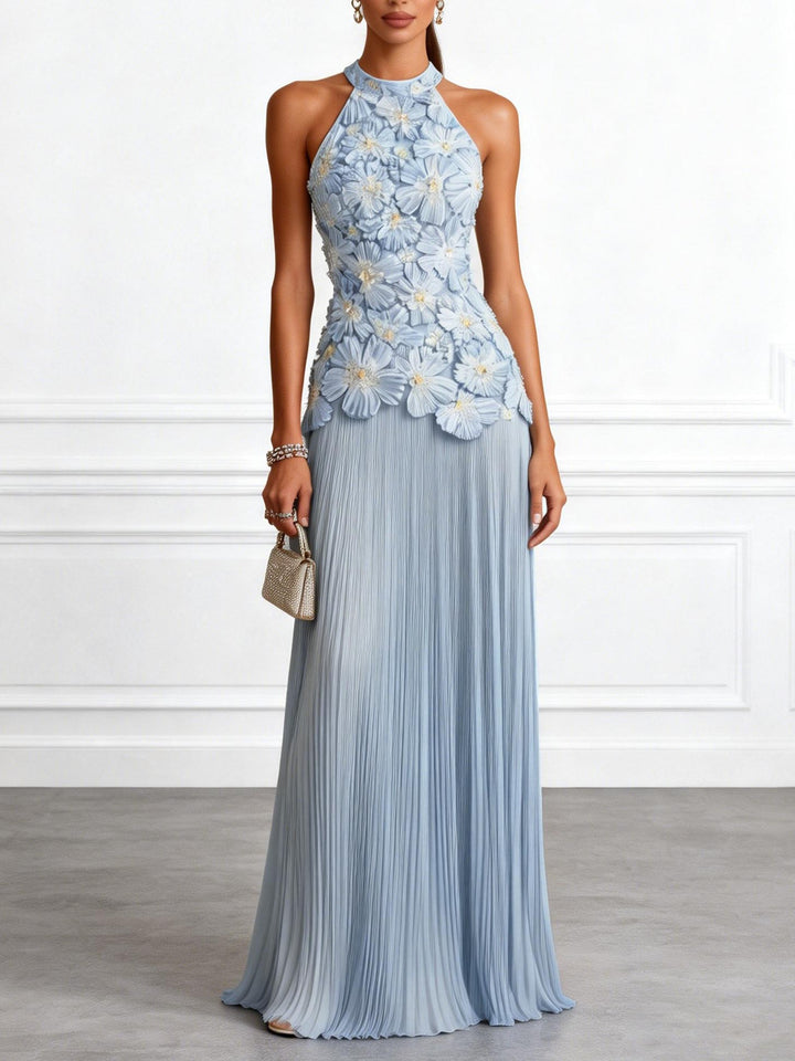 Elegant Halter Neck 3D Floral Appliqué Ruched Maxi Dress