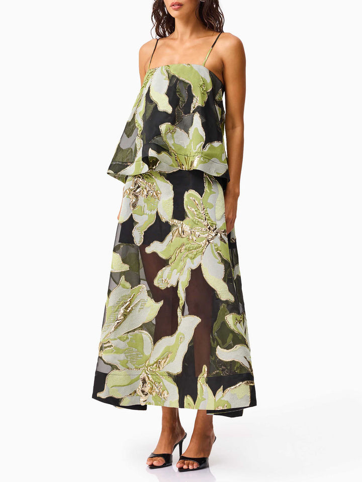Elegant Jacquard Layered Spaghetti Strap Maxi Dress
