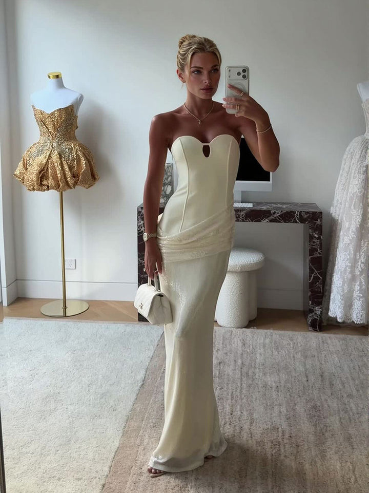 Elegant Strapless Corset Ruched Sequin Maxi Dress