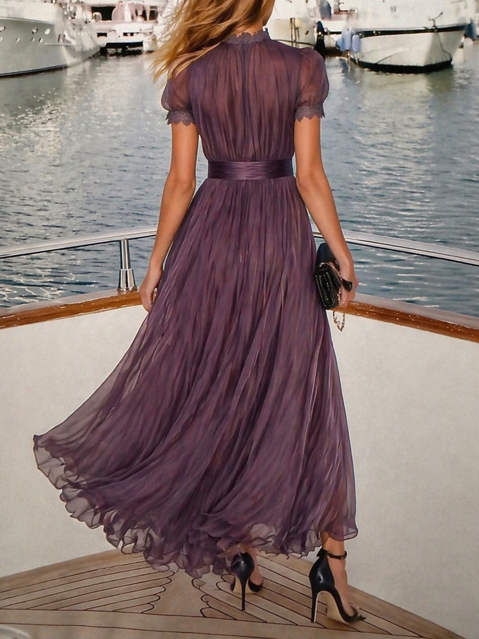 Elegant Lace Trim Pleated Chiffon Maxi Dress