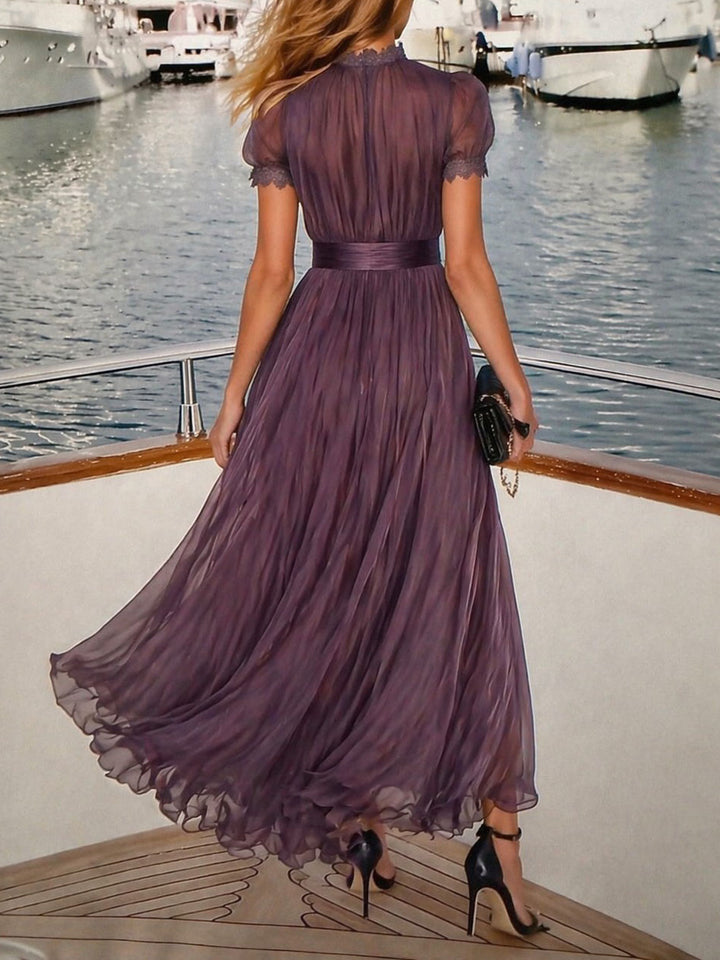 Elegant Lace Trim Pleated Chiffon Maxi Dress