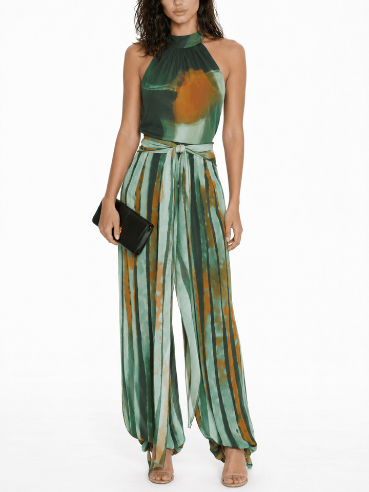 Abstract Watercolor Print Halter &  Pants Two-Piece Set