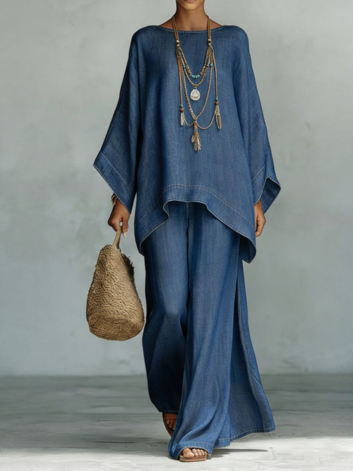 Casual Denim Batwing Asymmetrical Top & Wide Leg Pants Set