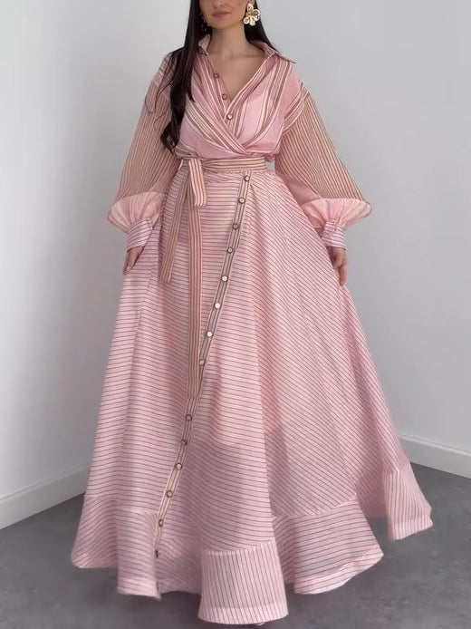 Elegant Striped Wrap Shirt Maxi Dress