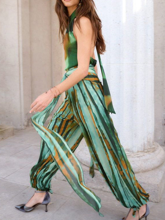 Abstract Watercolor Print Halter &  Pants Two-Piece Set