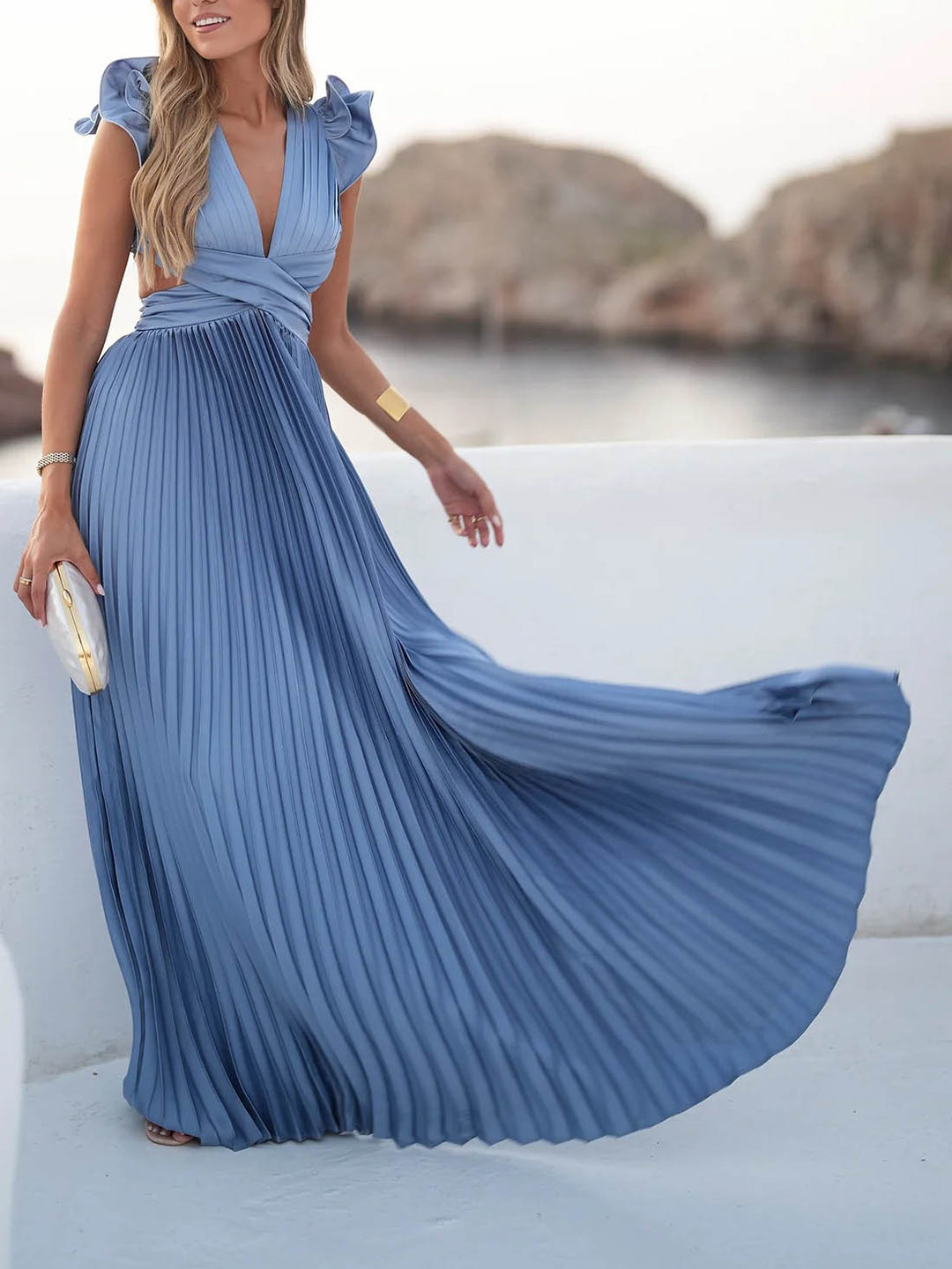 Elegant V-neck Open Back Pleated Ruffle Maxi Dress