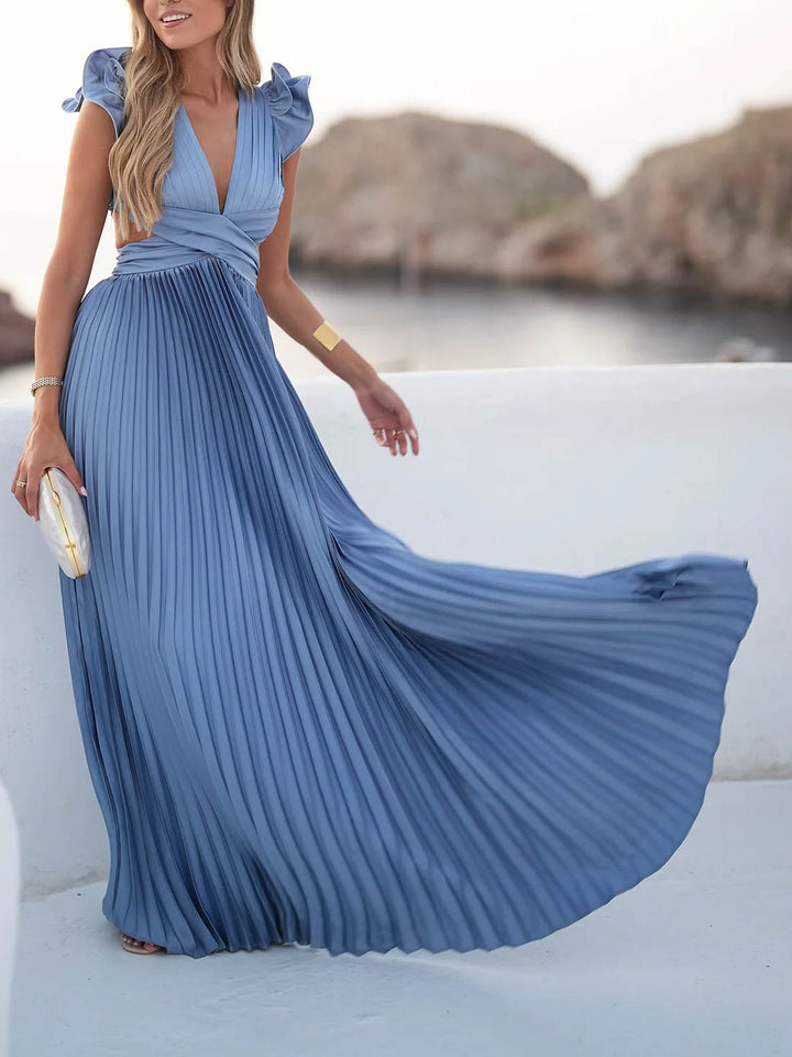 Elegant V-neck Open Back Pleated Ruffle Maxi Dress