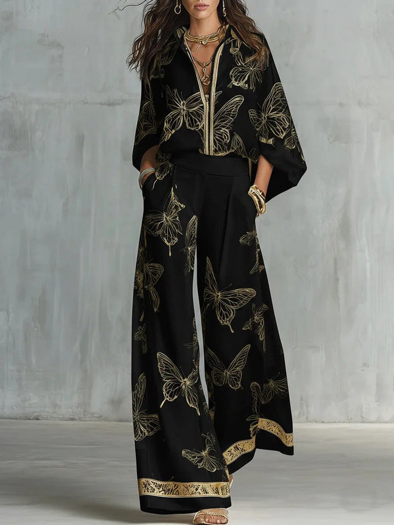 Elegant Butterfly Print Wide-Leg Pants