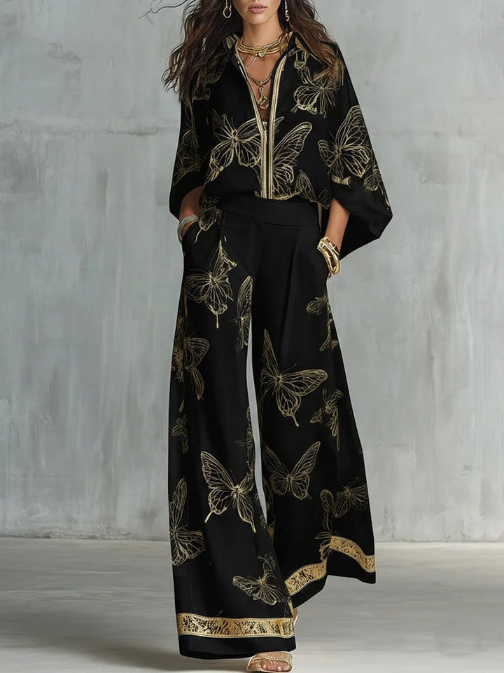 Elegant Butterfly Print Wide-Leg Pants