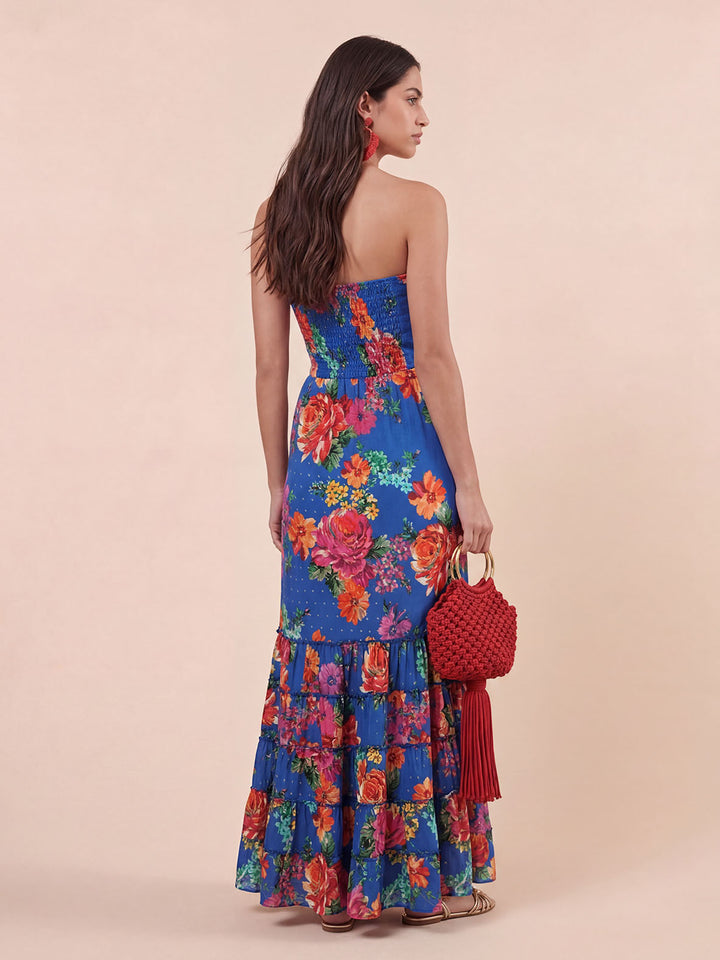 Exquisite Floral Print Strapless Layered Ruffled Maxi Dress