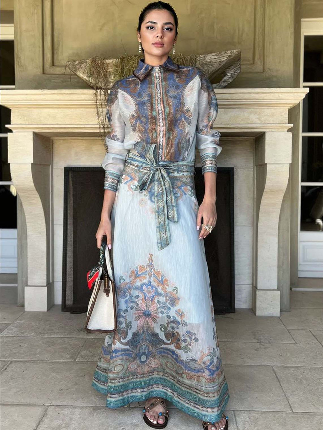 Retro Paisley Pattern Self-Tie Belt Long Skirt