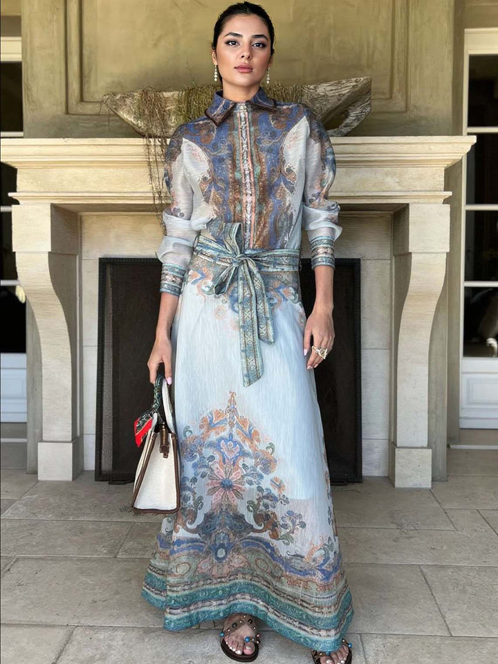 Retro Paisley Pattern Self-Tie Belt Long Skirt