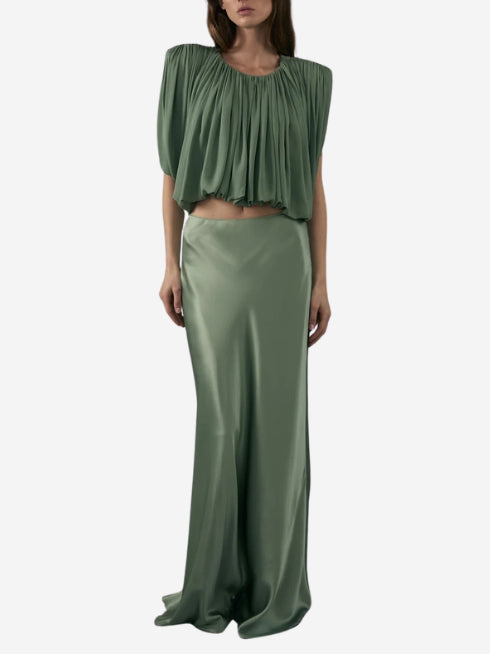 Elegant Ruched Crop Top & Satin Midi Skirt Set