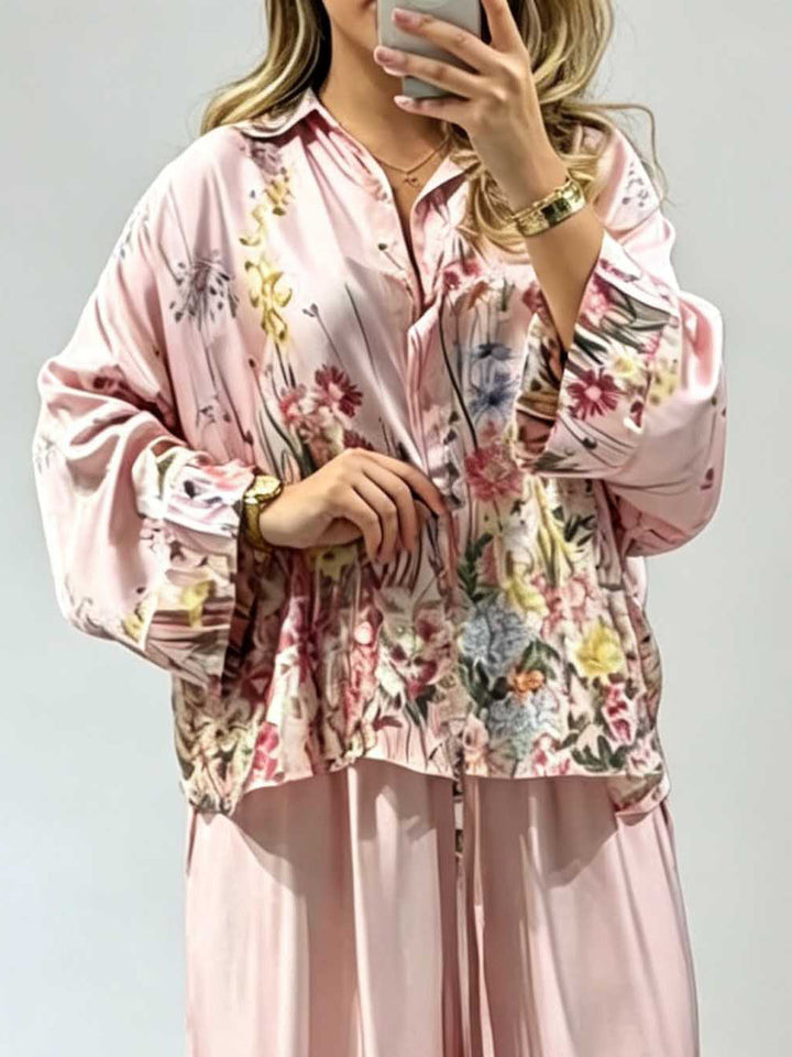 Elegant Floral Print Satin Wide Leg Pants