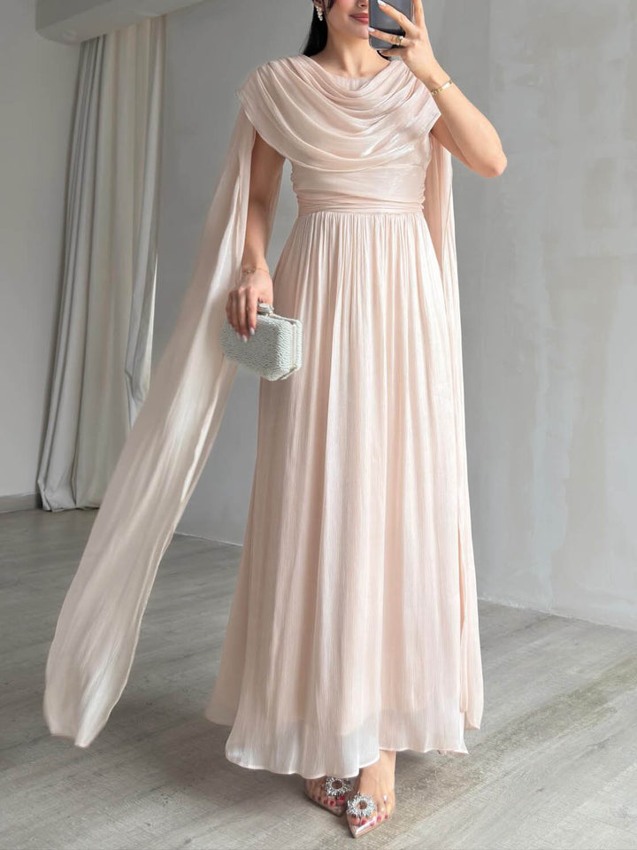 Elegant Cowl Neck Chiffon Cape Sleeve Maxi Dress