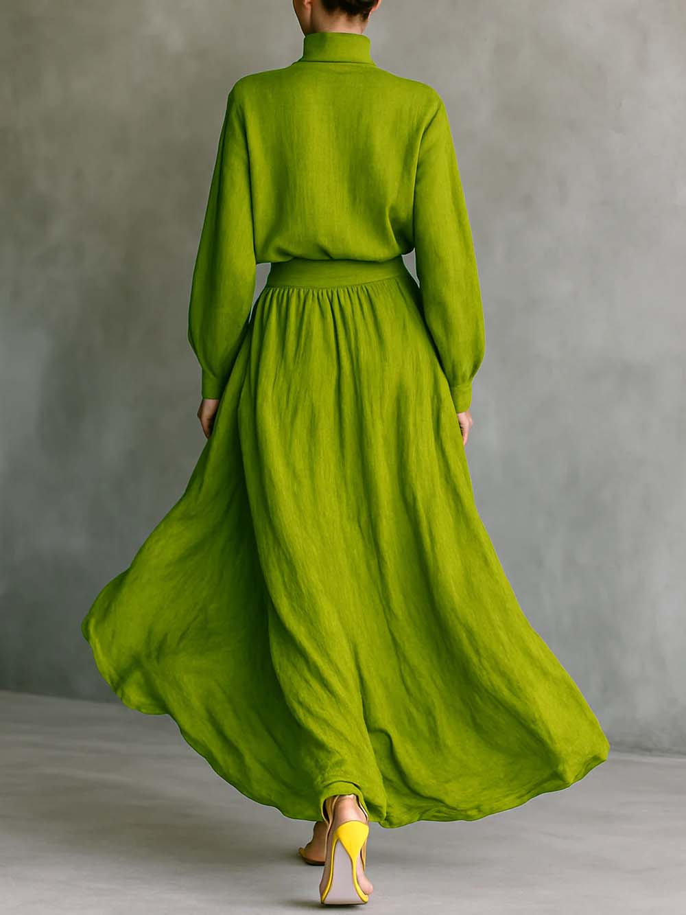 Casual Green Pleated High-Waist Pocket Skirt