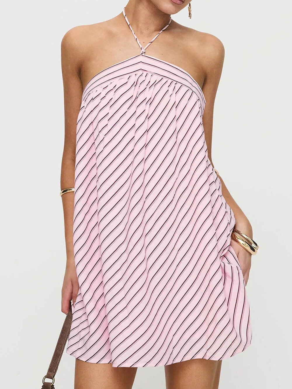 Fashion Striped Print Halter Backless Mini Dress