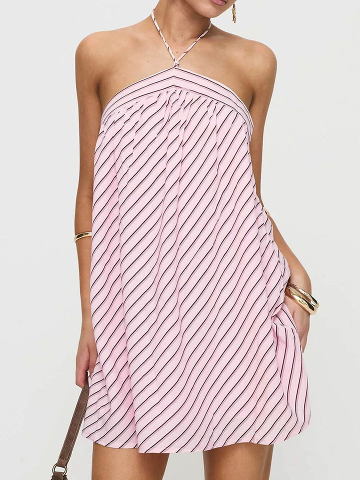 Fashion Striped Print Halter Backless Mini Dress