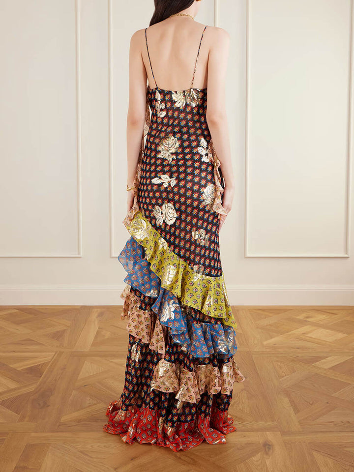Delicate Ruffled Tiered Printed Metallic Chiffon Maxi Dress