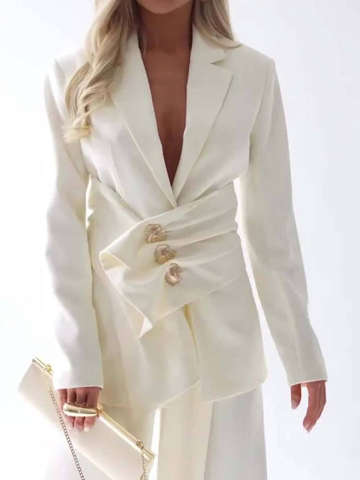 Unique Casual Pocket Blazer Wide-Leg Pants