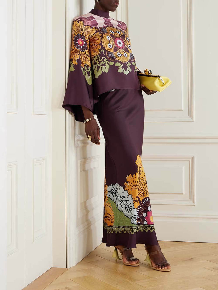 Retro Ethnic Print Satin Twill Maxi Skirt