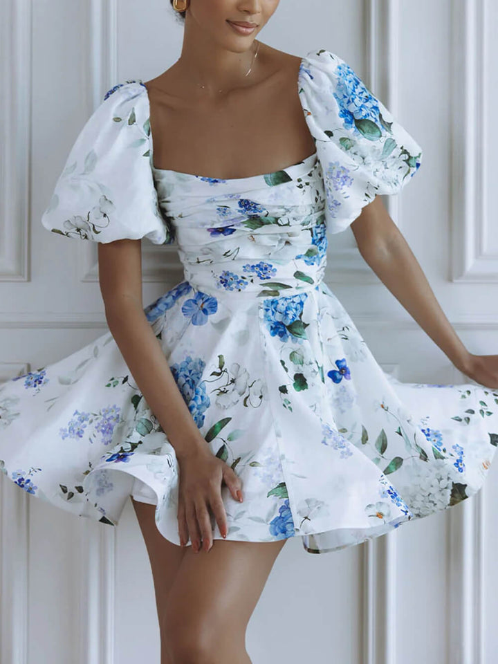 Delicate Floral Print Puff Sleeve Linen Mini Dress