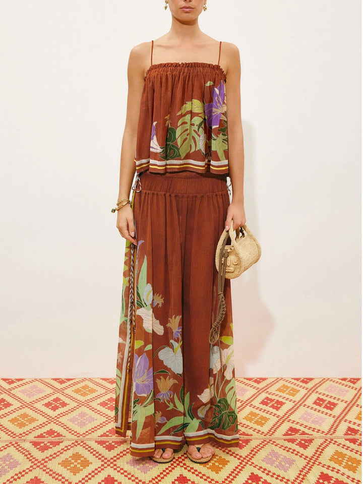 Delicate Ruffle Printed Ruched Adjustable Straps Camisole Top