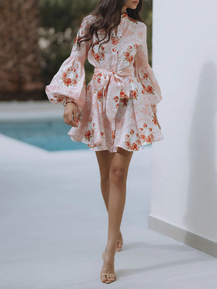 Elegant Rose Print Bow-Embellished Linen Mini Dress