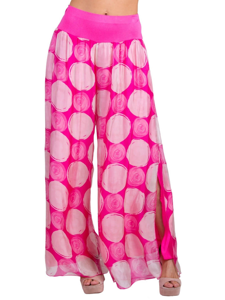 Bohemian Swirl Dot Print Elastic Waistband and Hem Side Slits Slits Pants