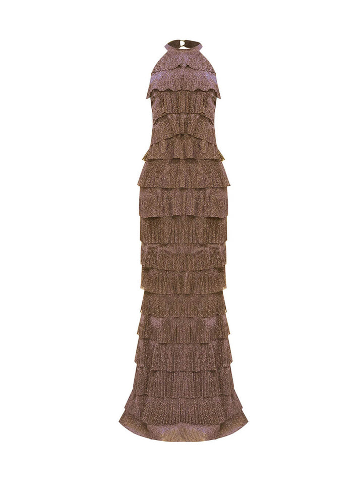 Exquisite Shimmer Backless Tiered Ruffle Maxi Dress