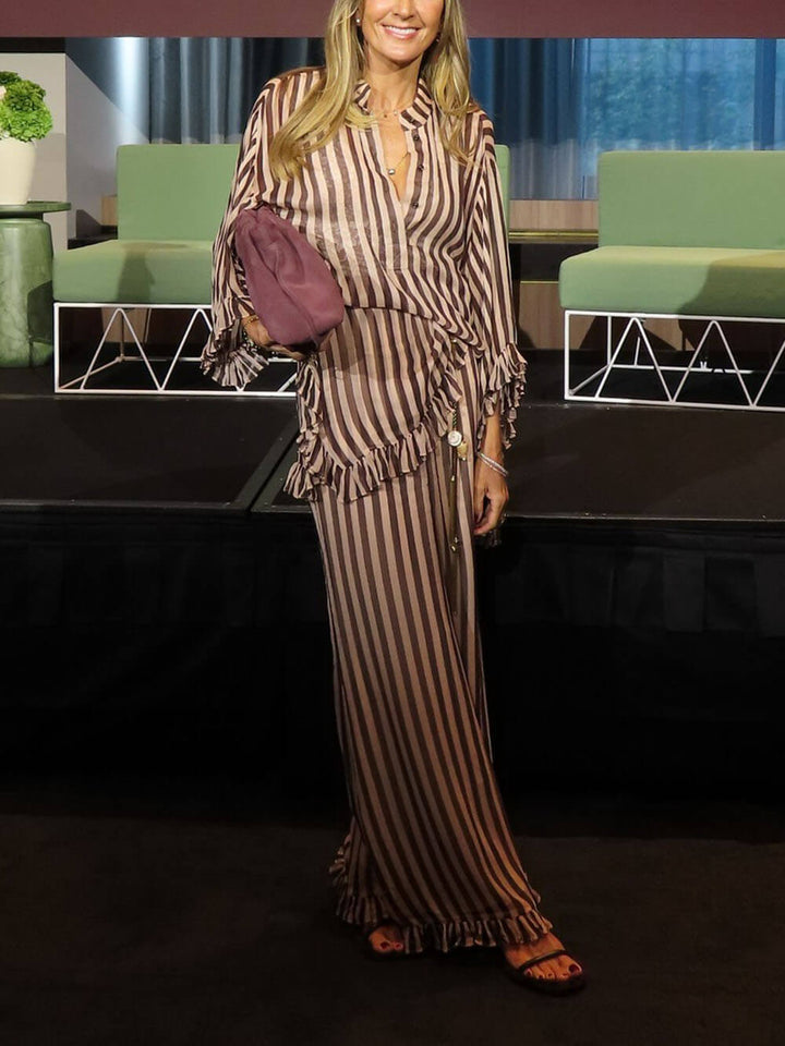 Classic Stripe Print Ruffle Paneled Elastic Waist Wide-Leg Pants
