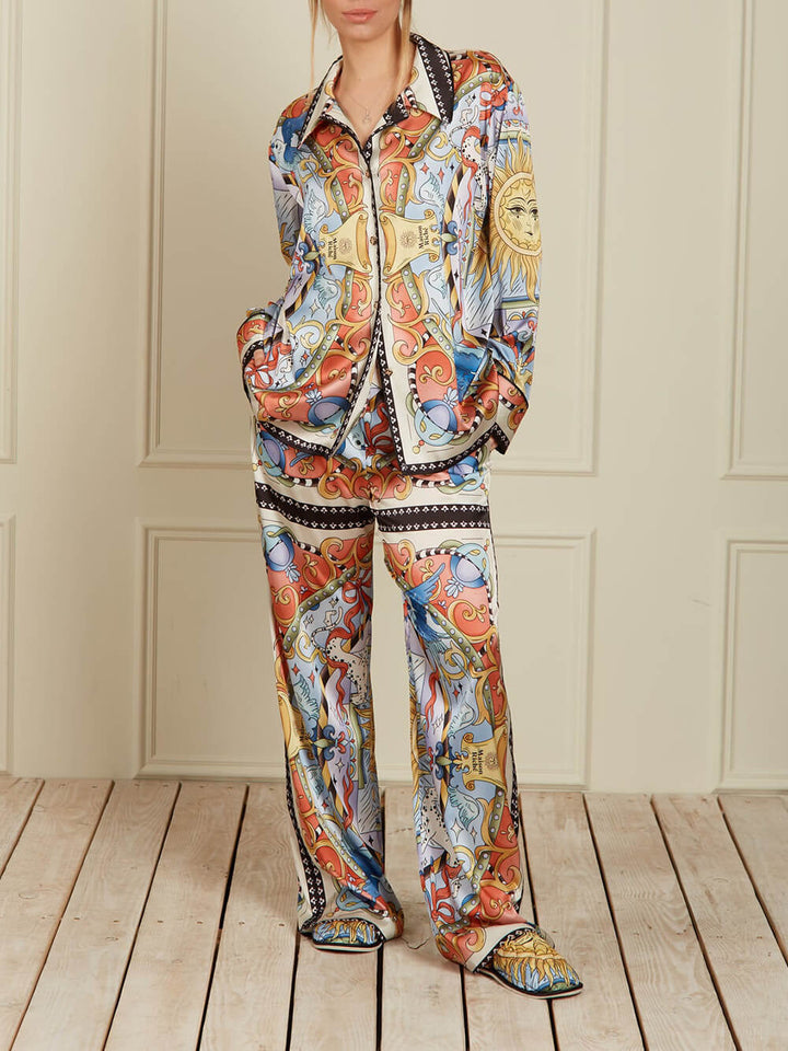 Unique Sunshine Print Collared Button-Up Loose Shirt