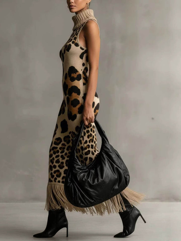 Leopard Print Turtleneck Sleeveless Fringe Bodycon Knit Maxi Dress