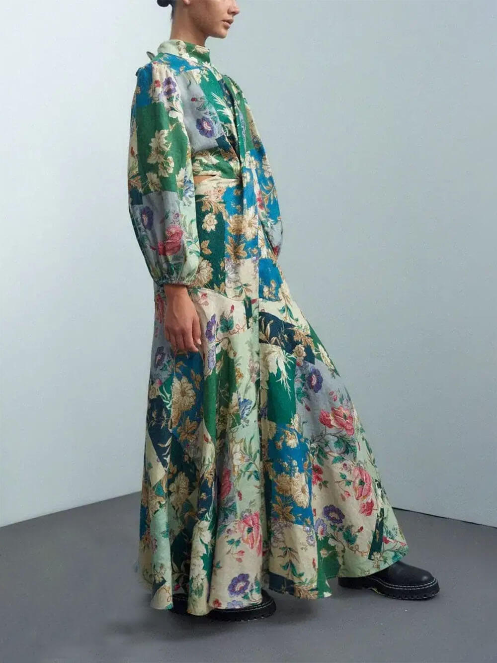 Delicate Floral Print Tie-Back Lantern Sleeve Maxi Dress