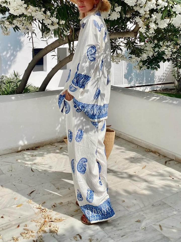 Unique Ethnic Pattern Print Loose Elastic Waist Pocket Wide-Leg Pants