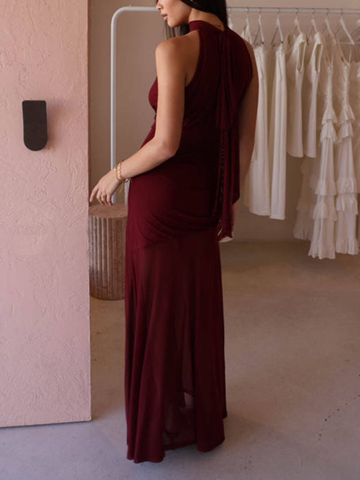 Fresh Style Mesh Paneled Pleated Bow Tie Maxi Dress