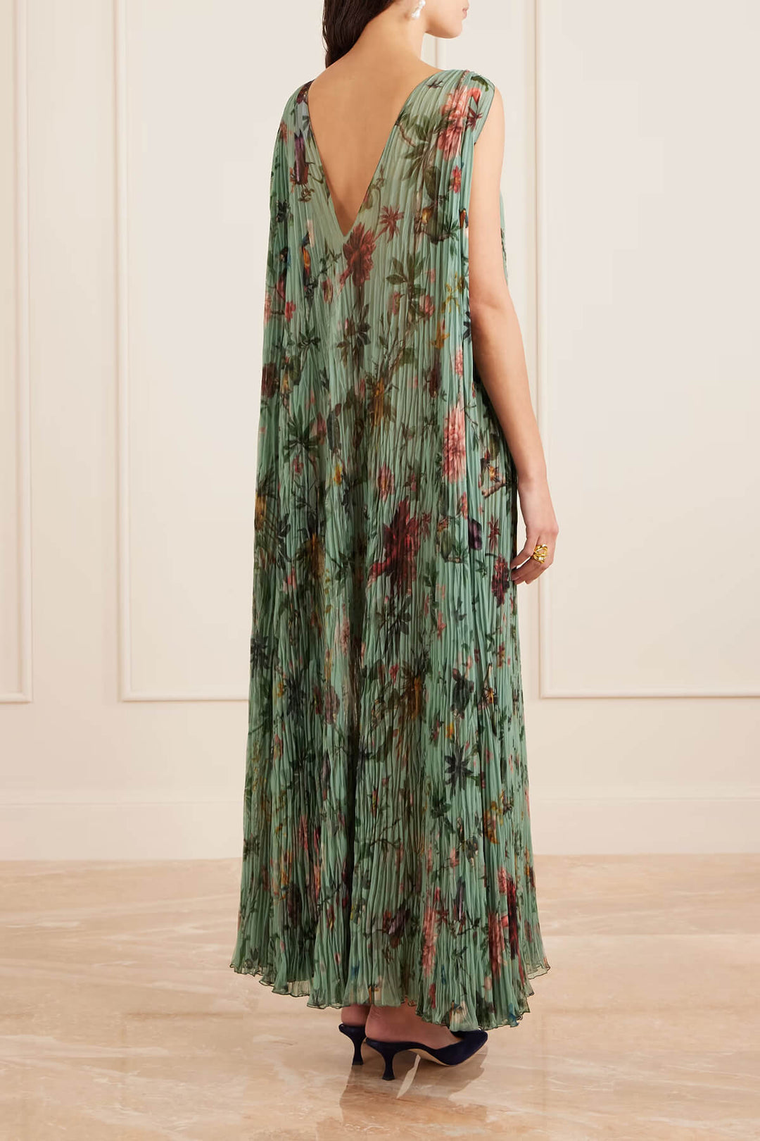 Elegant Flowing Floral Print Ruched Chiffon Maxi Dress